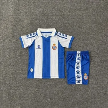 Camisetas de fútbol infantiles del Espanyol para los partidos en casa, temporadas 25-26